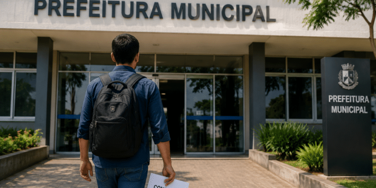 Pessoa caminhando em direção à Prefeitura Municipal segurando documento de concurso público em área externa.