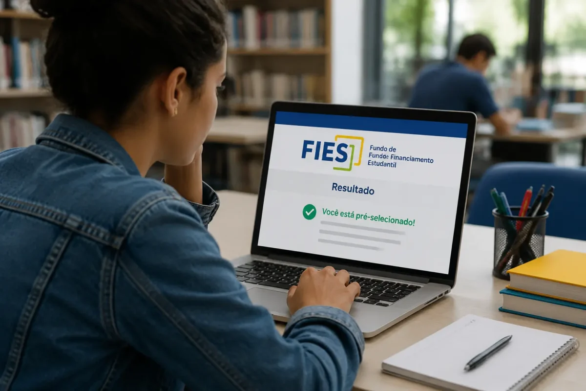 Pré-seleção do Fies 2026.2 - Consulta ao resultado Estudante consultando o resultado da pré-seleção do Fies 2026.2 em computador.