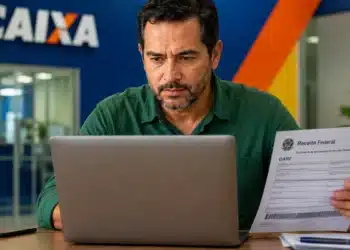 Homem utilizando um notebook e segurando um DARF do Imposto de Renda 2026, em referência à consulta ao terceiro lote da restituição.