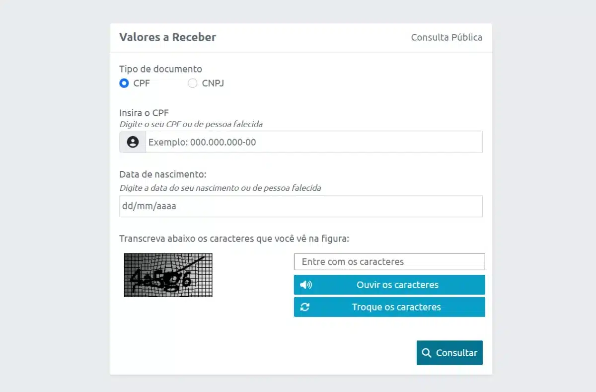 Valores esquecidos - Consulta pelo Sistema de Valores a Receber Tela de consulta do Sistema de Valores a Receber do Banco Central para verificar dinheiro esquecido usando CPF