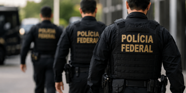 Agentes da Polícia Federal fardados caminham com a identificação da corporação nas costas Título: Concurso da Polícia Federal terá convocação adicional de aprovados.