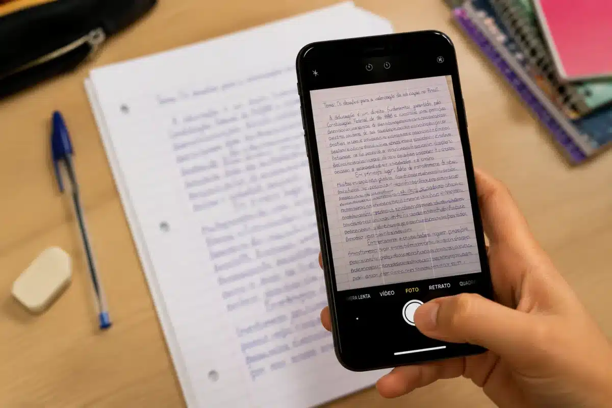 MEC Enem - Correção automatizada de redação Estudante fotografa uma redação escrita à mão, representando o processo de envio do texto para receber a correção automatizada pela plataforma MEC Enem.