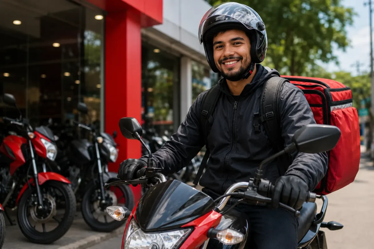 Financiamento de motos pelo Move Brasil - Requisitos Entregador com capacete e mochila ao lado de motocicleta, representando os critérios de participação no financiamento pelo programa Move Brasil.