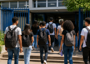 Estudantes entrando em instituição de ensino superior durante o processo do Fies 2026 do segundo semestre.
