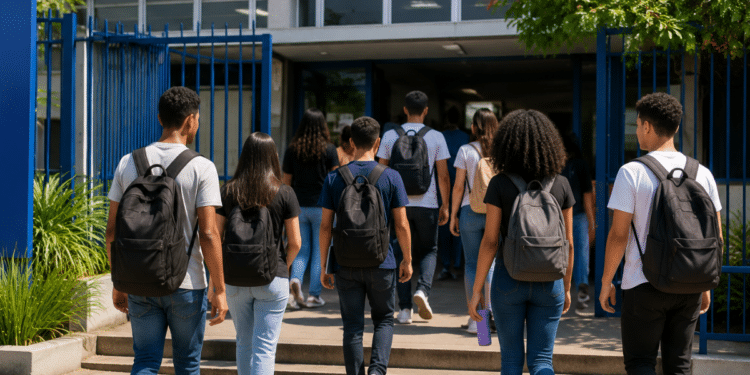 Estudantes entrando em instituição de ensino superior durante o processo do Fies 2026 do segundo semestre.
