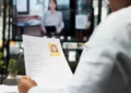 Recrutador avalia currículo com foto durante uma entrevista de emprego.