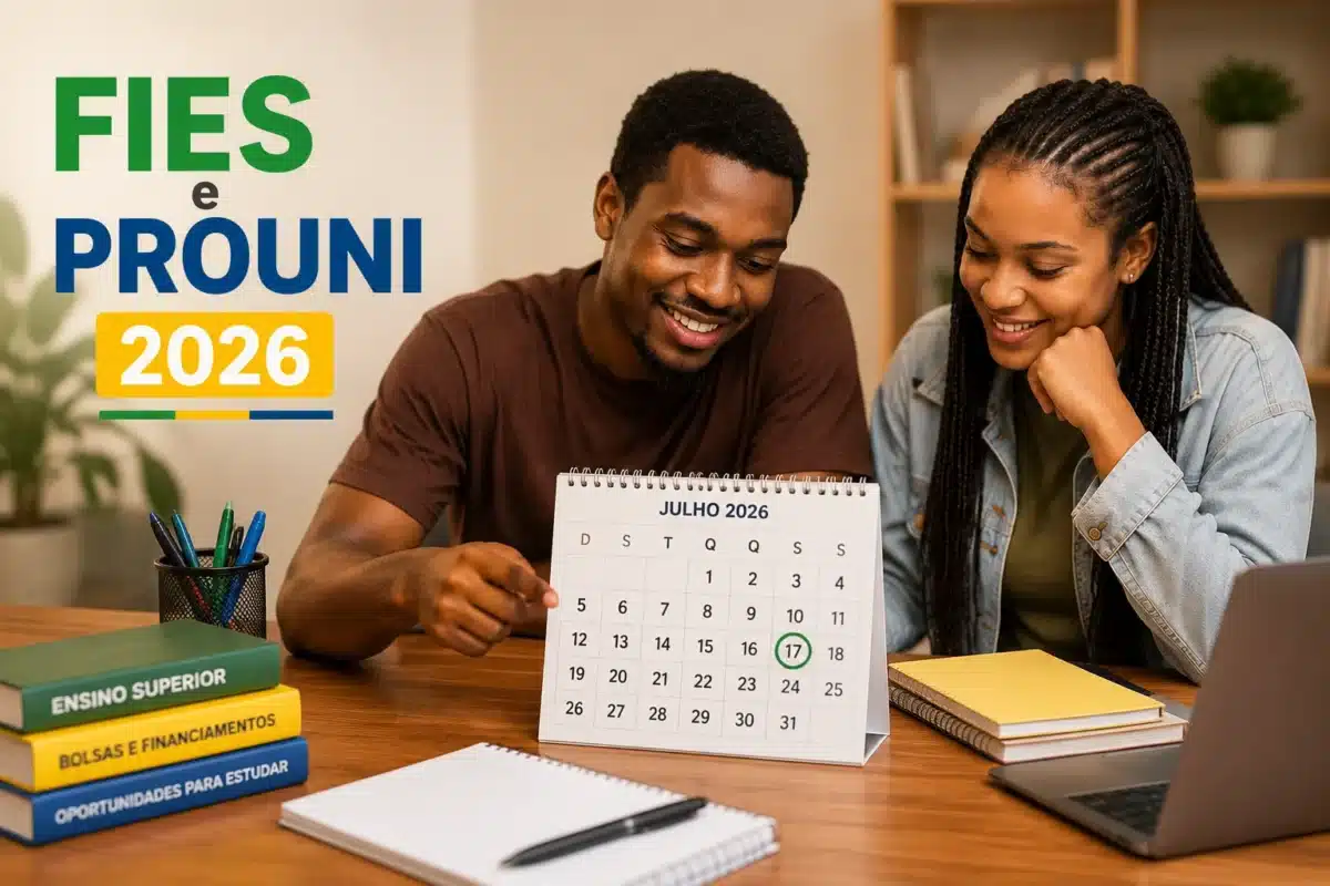 Fies e Prouni 2026 - Calendário de prazos Estudantes analisando um calendário com datas importantes, representando os prazos do Fies e do Prouni em 2026.