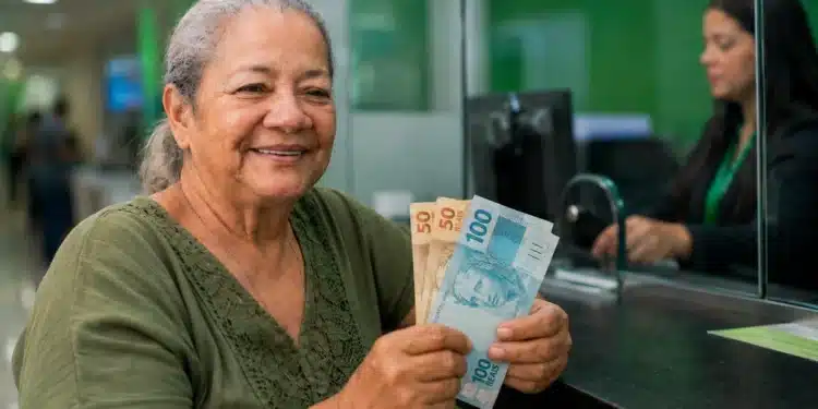 Aposentada segura notas de real em uma agência bancária, representando a devolução de R$ 547 milhões pelo INSS às vítimas de descontos indevidos.