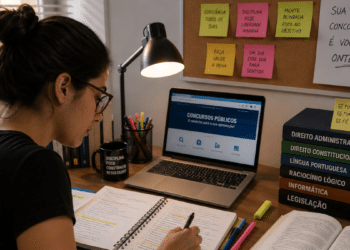 Pessoa estudando para concurso público com notebook, livros e anotações.