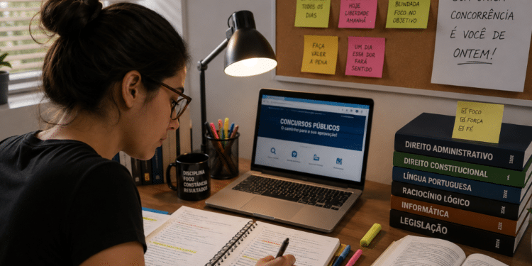 Pessoa estudando para concurso público com notebook, livros e anotações.