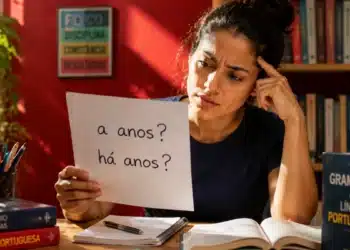 Jovem observa uma folha com as expressões “a anos?” e “há anos?” enquanto consulta livros de língua portuguesa.