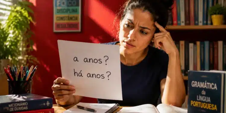 Jovem observa uma folha com as expressões “a anos?” e “há anos?” enquanto consulta livros de língua portuguesa.