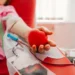 Pessoa realizando doação de sangue com bolsa coletora durante procedimento em banco de sangue.