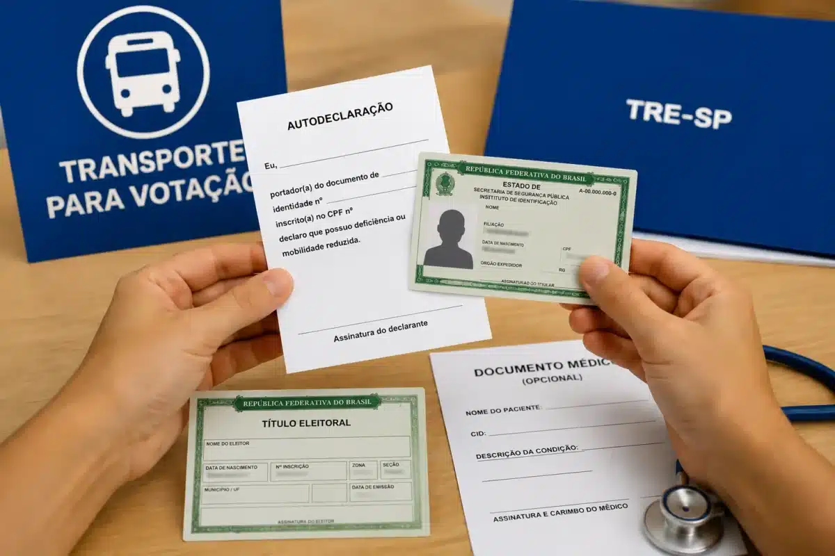 Eleições 2026 - Documentação necessária para solicitar transporte eleitoral Documentos sobre a mesa, representando aqueles que devem ser apresentados para solicitar transporte eleitoral nas Eleições 2026.