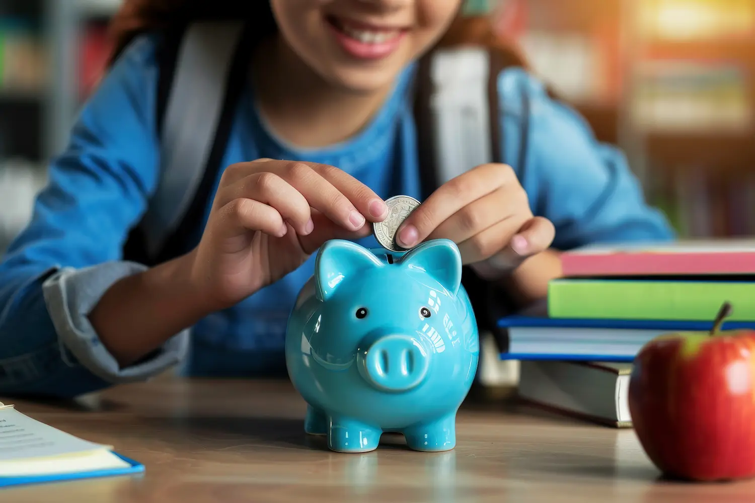 Educação financeira nas escolas Estudante colocando moeda em cofrinho durante atividade escolar sobre educação financeira.