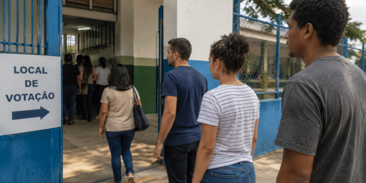 Grupo de eleitores em fila diante de uma placa indicando local de votação