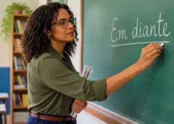 Professora escrevendo a expressão “Em diante” no quadro durante uma aula de português, representando a dúvida sobre o uso correto de “em diante” ou “endiante”.