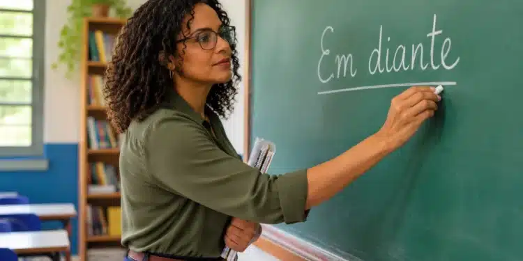 Professora escrevendo a expressão “Em diante” no quadro durante uma aula de português, representando a dúvida sobre o uso correto de “em diante” ou “endiante”.