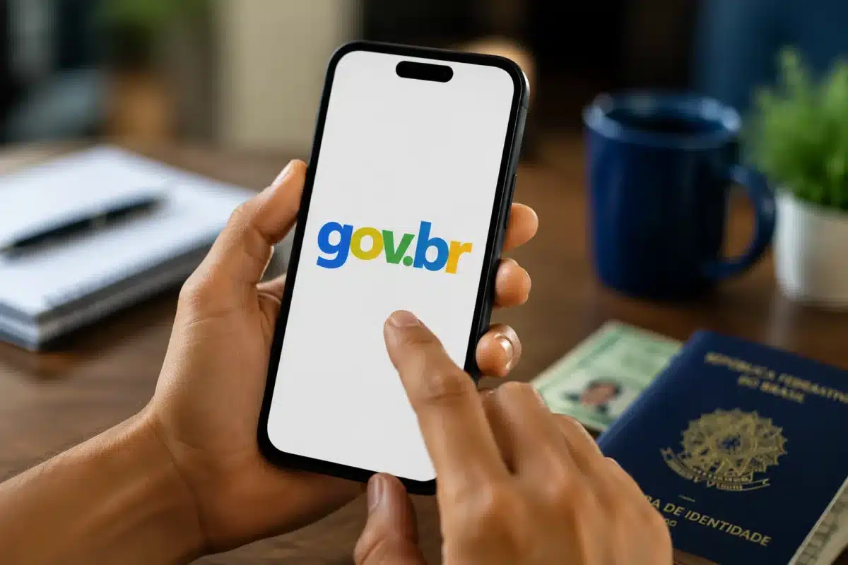 Plataforma Gov.br para emissão de documentos digitais Pessoa utilizando o aplicativo Gov.br no celular para acessar serviços digitais e emitir documentos públicos pela internet.