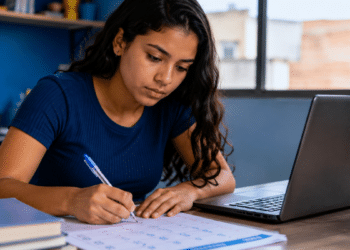 Estudante consulta um calendário ao lado do notebook enquanto se prepara para o Encceja Exterior 2026.