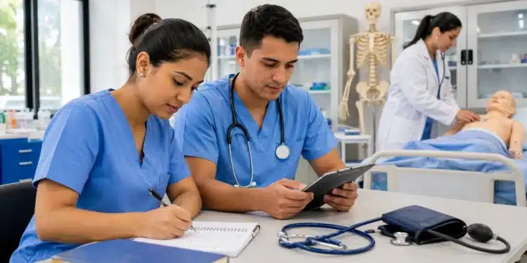 Estudantes participam de aula prática do curso técnico em Enfermagem, representando a formação na área oferecida pela Fundec, cujas inscrições terminam nesta quinta-feira, 23 de julho.