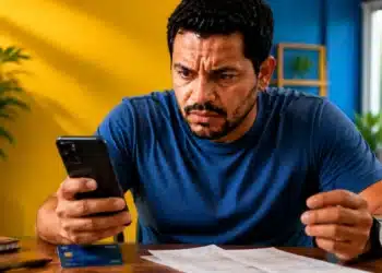 Contribuinte consulta o celular e documentos do Imposto de Renda após erro na chave Pix impedir o recebimento da restituição.