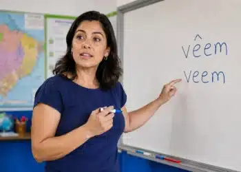 Professora aponta para quadro com as formas “vêem” e “veem” durante aula de português
