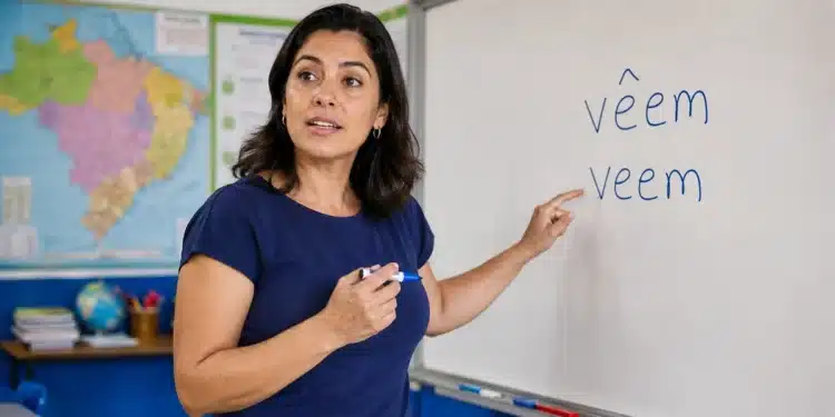 Professora aponta para quadro com as formas “vêem” e “veem” durante aula de português
