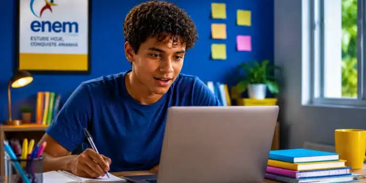Jovem estudante utiliza notebook e faz anotações, representando os exercícios e simulados gratuitos oferecidos pelo MEC Enem.
