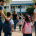 Crianças chegando à escola acompanhadas pelos responsáveis, representando possíveis mudanças no calendário escolar durante a Copa Feminina de 2027.