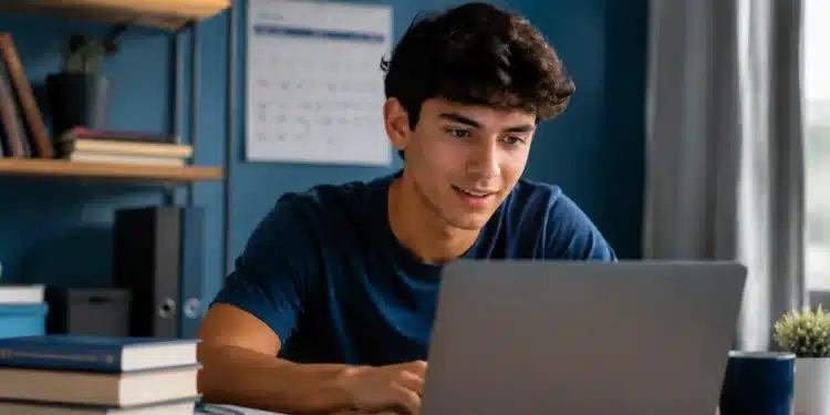 Jovem estudante utilizando notebook em ambiente de estudos, representando a inscrição no Fies 2026 do segundo semestre.