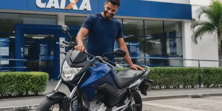 Homem ao lado de uma motocicleta nova em frente a uma agência da Caixa, representando o financiamento de motos pelo Move Brasil.