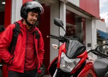 Entregador brasileiro ao lado de moto nova em concessionária, representando o financiamento pelo programa Move Brasil.