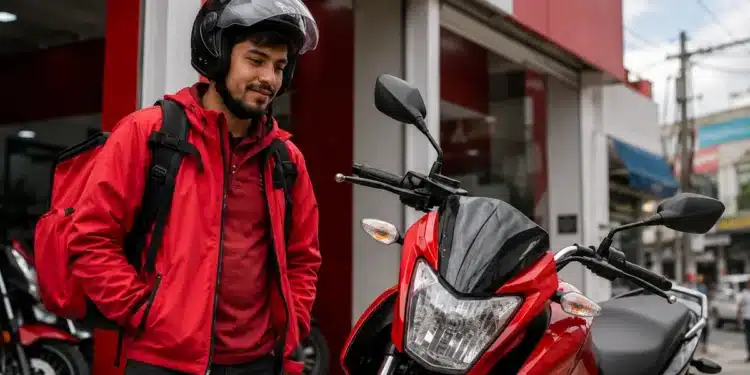Entregador brasileiro ao lado de moto nova em concessionária, representando o financiamento pelo programa Move Brasil.