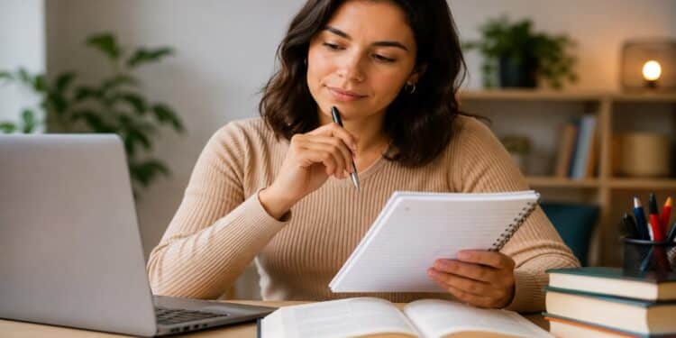 Mulher revisa anotações em um caderno diante do notebook e de um livro aberto, imagem ilustrativa da dúvida sobre a saudação de boas-vindas levar ou não hífen