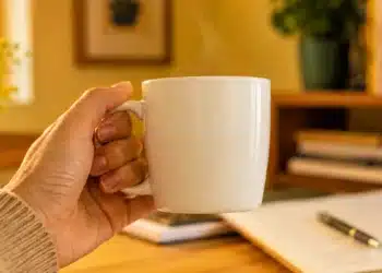 Mão segurando uma xícara branca em ambiente de estudo, representando a grafia correta da palavra xícara