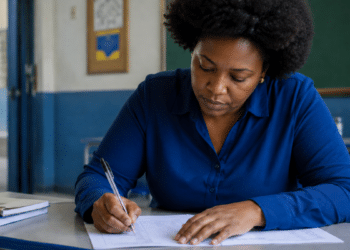 Mulher preenche formulário em sala de aula durante inscrição para certificador do Inep.