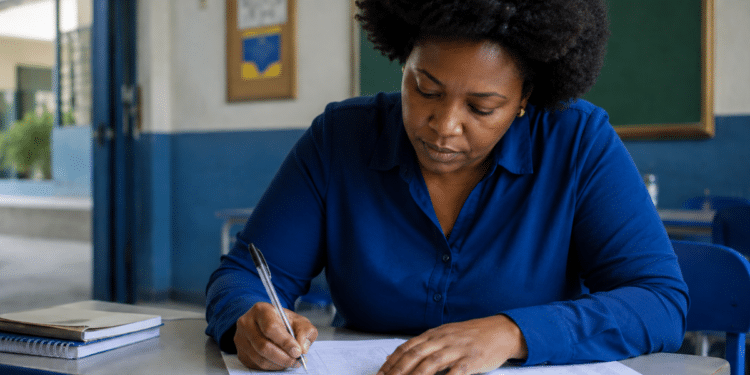 Mulher preenche formulário em sala de aula durante inscrição para certificador do Inep.