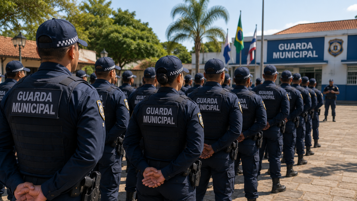 Inscrições para o concurso da Guarda Municipal de Conceição do Coité-BA Guardas municipais fardados permanecem em formação diante da sede da corporação.