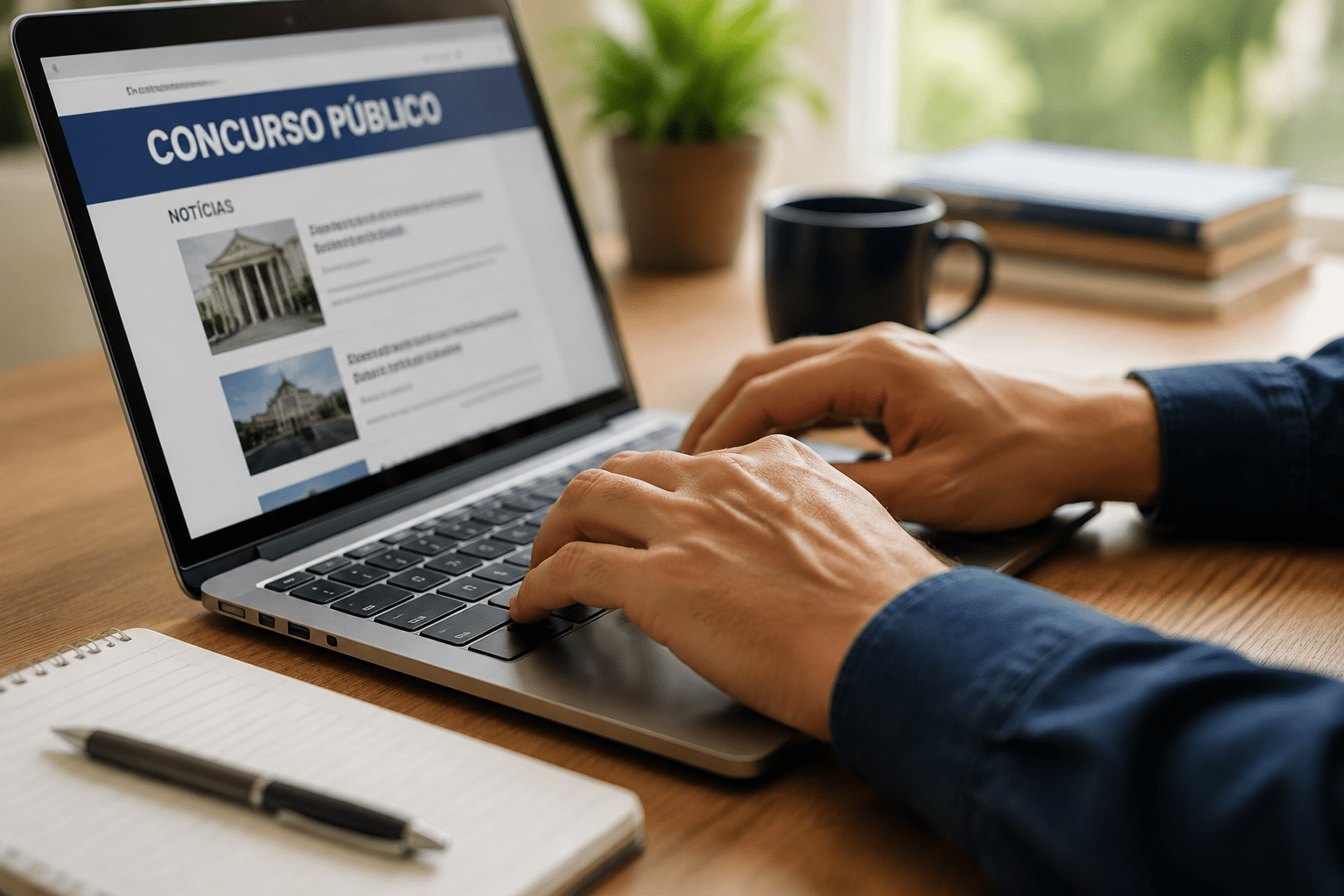Candidato utilizando notebook com página de concurso público aberto, relacionado à Prefeitura de Brusque (SC) com 28 vagas e salários de até R$ 8.190.