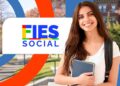 Estudante sorrindo ao lado do logo do Fies Social, sobre as inscrições do Prouni e Fies 2026