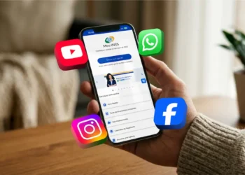Pessoa segurando celular com aplicativo Meu INSS aberto e ícones de redes sociais representando os canais oficiais de atendimento do Instituto Nacional do Seguro Social.