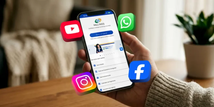 Pessoa segurando celular com aplicativo Meu INSS aberto e ícones de redes sociais representando os canais oficiais de atendimento do Instituto Nacional do Seguro Social.