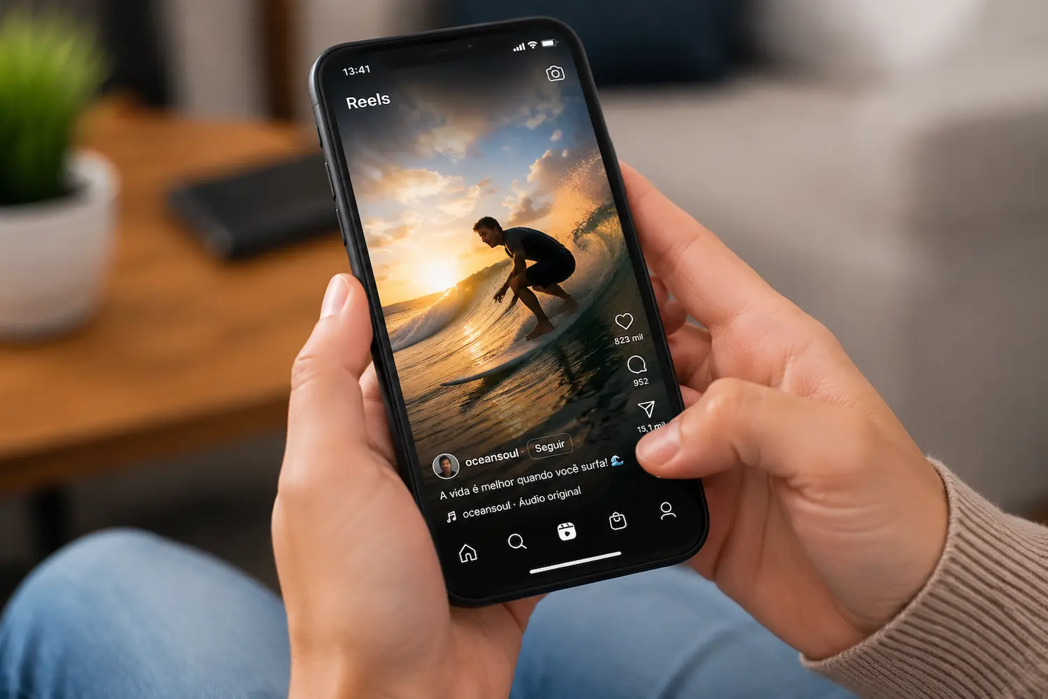 Passo a passo para encontrar vídeos vistos no Instagram Pessoa usando o Instagram pelo celular para localizar um vídeo assistido anteriormente no histórico de visualizações.