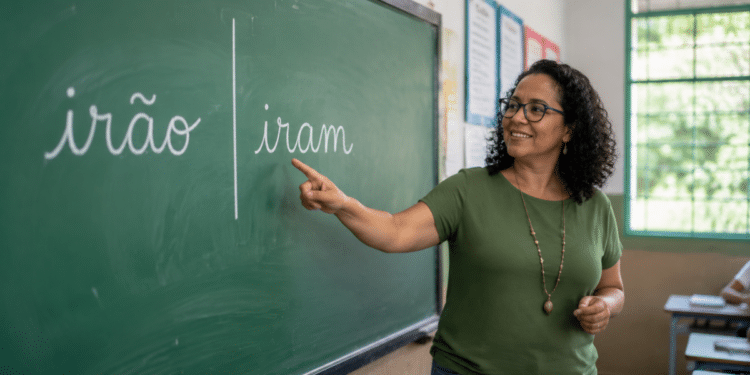 Professora explica na lousa a diferença entre “irão” e “iram” em aula de português.