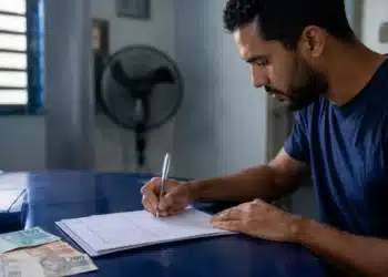 Jovem brasileiro assina documentos relacionados ao Fies Empreendedor, ilustrando a cobrança de juros durante o período de carência.