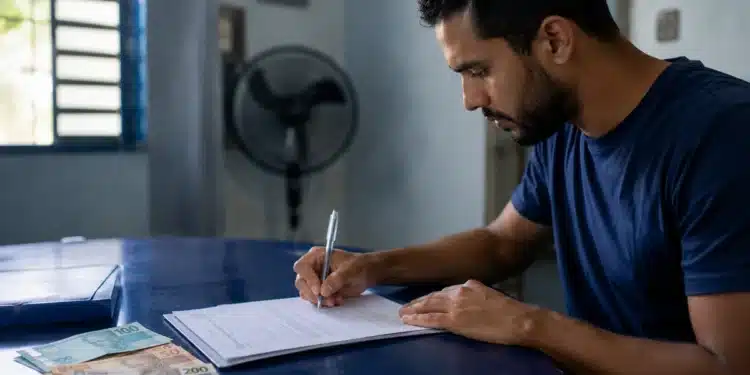 Jovem brasileiro assina documentos relacionados ao Fies Empreendedor, ilustrando a cobrança de juros durante o período de carência.