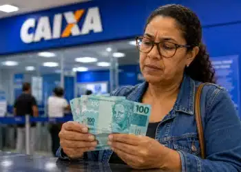 Mulher conferindo cédulas de R$ 100 em uma agência da Caixa, representando a liberação de valores esquecidos do PIS/Pasep.