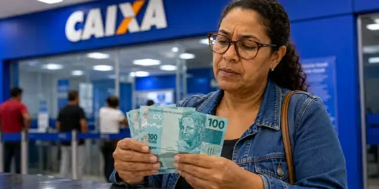 Mulher conferindo cédulas de R$ 100 em uma agência da Caixa, representando a liberação de valores esquecidos do PIS/Pasep.