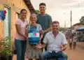 Família sorrindo com o botijão do Gás do Povo representa o acesso gratuito garantido às famílias